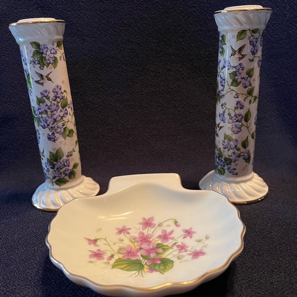 Floral Porcelain Candle Holders and Dish Set